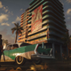 Dani stands next to a teal car in a city at dusk in Far Cry 6.